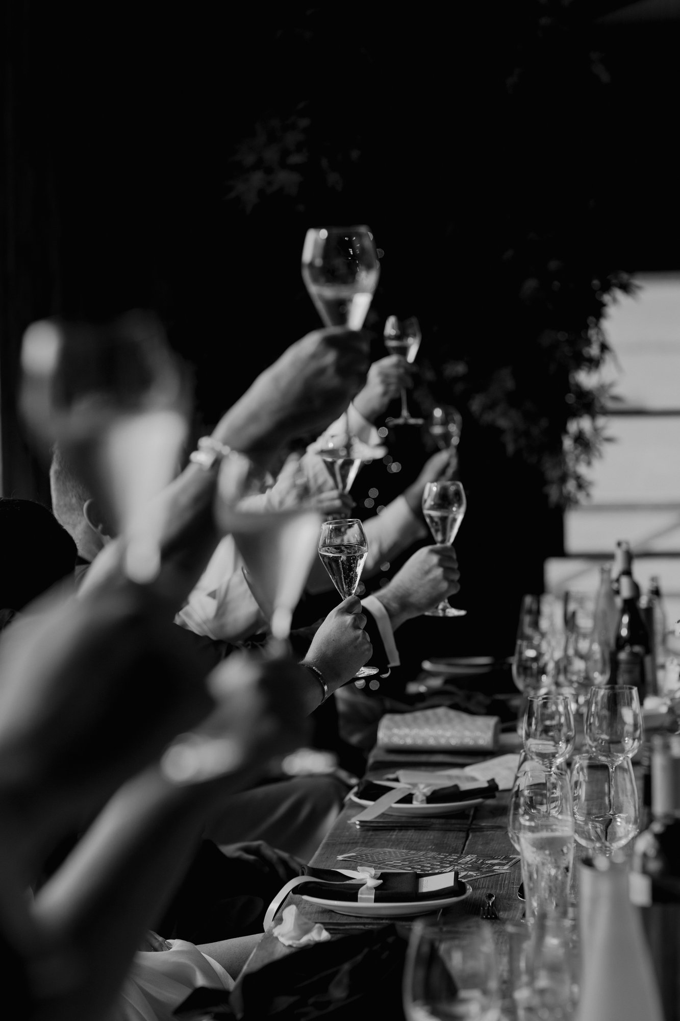 Wedding guests raising champagne glasses in a toast, in black and white